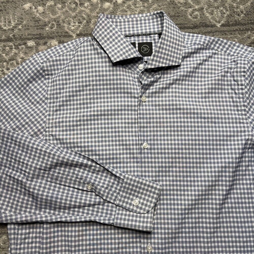 Boss Hugo Boss Mens Performance Sharp Fit Button Up Shirt Large Blue Check